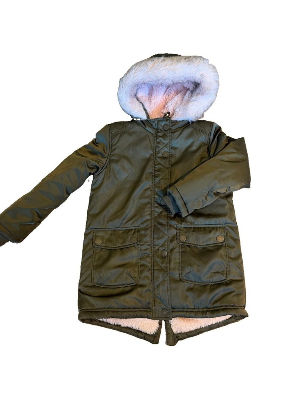 Bernardo Girl's Mid Length Parka Size 7/8 Faux Fur Hood Green Pink Lining Cozy